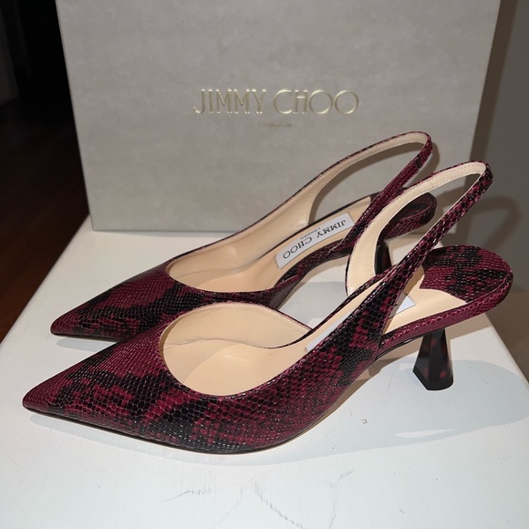 Jimmy Choo Fetto 65 Bordeaux Snake Printed Tortol Leather kitten heels - Picture 3 of 7